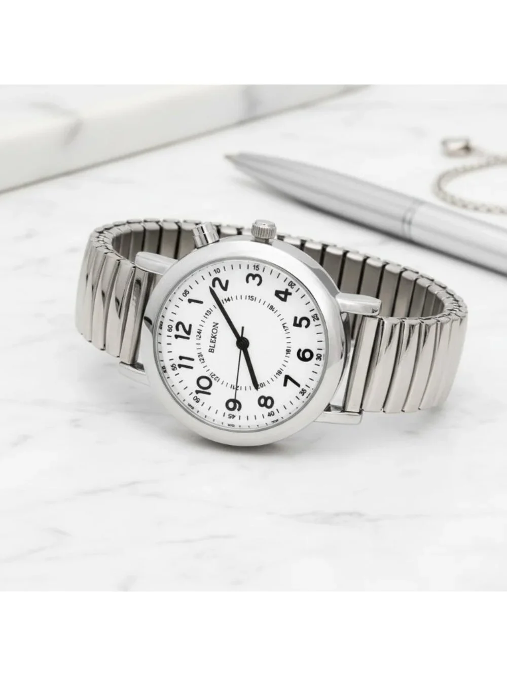 Women's Silver Analog Display Push Button Glossy Expansion Band Wrist Watch